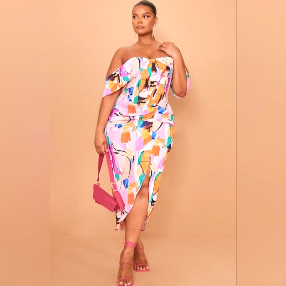 Pretty Little Thing Multi Color Bardot Ruched Side Midi Dress